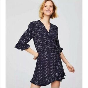 LOFT Women's 3/4 Sleeve Polka Dot Faux Wrap Romper Size 4 Navy Blue